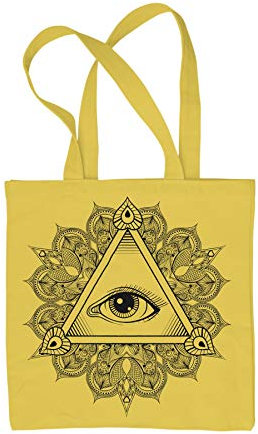 Einkaufstasche mit Aufdruck All Seeing Eye in Triangel, Mandala-Design, Tattoo, Hipster, groß, gelb, Einheitsgröße