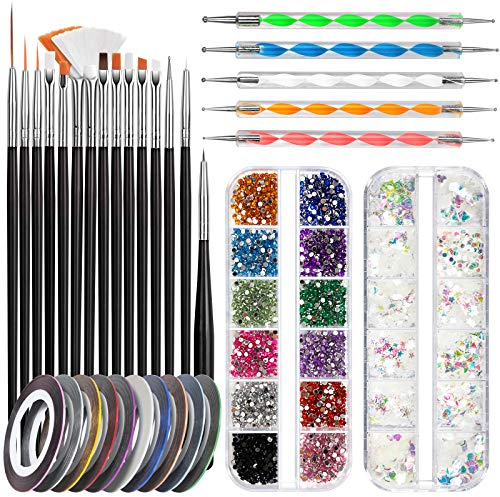 FANDAMEI Nail Art Pinsel Set, 15 PCS Nagel Pinsel Pinsel Für Gelnägel, 5 Stk. Dotted Pen, Strasssteine Nägel, Ultra Dünn Nagel Pailletten, Nagelbürsten, Streifenband Nägel für Nagelkunst Maniküre Set