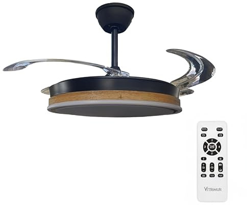 UNIVERSALBLUE VITRIMUR | Ventilador de Techo con Aspas Retráctiles | 6 Velocidades |Luz LED| Motor DC | Silencioso | Modo Invierno | Temporizador | Mando Incluido | Facil De Montar (Negro y Madera)