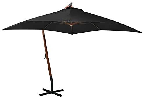 vidaXL Hanging Parasol with Solid Fir Wood Pole - 3x3 m Black Cantilever Umbrella - UV Resistant Polyester Canopy - Iron Cross Base - Outdoor Sunshade for Patio or Terrace Use