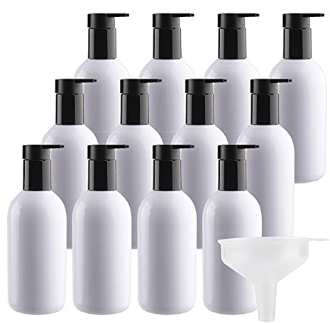ZEOABSY Lot de 24 Distributeur de Liquide avec Pompe,300ml Blanc Flacon Vide en Plastique Bouteilles de Shampoing Vides pour Savons, Lotions, Huiles de Massage,Détergents ect + 2 x Entonnoir