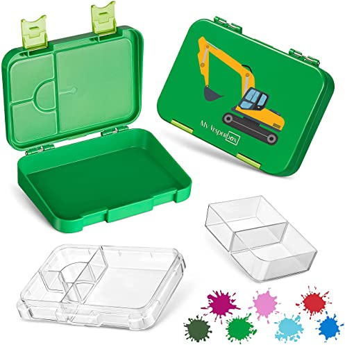 My Vesperbox – Len - Bento Box Kinder - Lunchbox mit 4+2 Fächern - extrem robust – Brotdose – Brotbox ideal für Kindergarten und Schule… (Grün - Bagger)