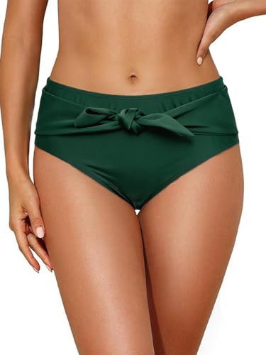 NLAND Bas de Maillot de Bain Femme Taille Haute Culotte de Bain Amincissant Gainant Ventre Plat Couleur Unie Bas de Bikini à Volants(Vert,XXL)