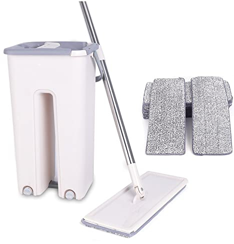 Mopp und Eimer Set Wischmopp Bodenwischer Flach Mopp Eimer Wischmopp und Putzeimer Set Zweikammer Nass Trockenmopps mit 10 Moppads