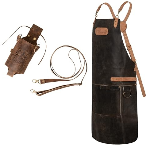 Black Forest Fox Büffelleder Grill Koch & Küchen Schürze + Getränkeholster Holly Holster – Leder Flaschenhalter für Partybecher, Bierflaschen, Getränkedosen