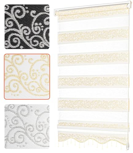 Bailena® Doppelrollo Klemmfix ohne Bohren - 4in1 Duo Rollo mit Muster Weiß Gold Glitzernd 70x200cm - Ranken & Blumen Motiv Doppelrollo mit Perlen - Gardinen Rollos für Fenster & Tür
