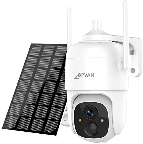 CPVAN PTZ Security Outdoor Camera Solar Powered, 2K CCTV Camera, 2-Way Audio, Rechargeable, Infrared and Colored Night Vision, AI Motion Detection, IP66 Waterproof, Local and Cloud Storage