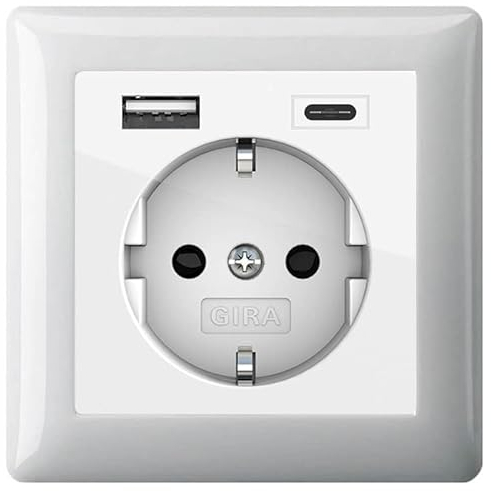 Gira Komplett Set 245903 Schuko Steckdose USB-Anschluss Shutter Berührungsschutz Typ A (max.2,4A) Typ C (max.3A) 021103 1-fach Rahmen Standard 55 Reinweiß UP Unterputz Wandsteckdose Smartphone Tablet