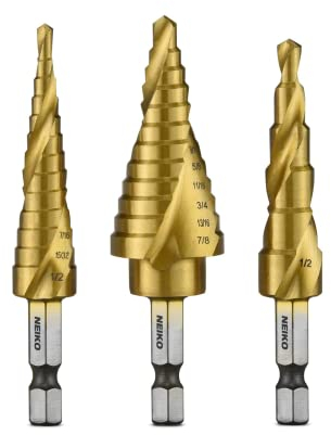 NEIKO 10181A Step Drill Bit Set, 3 Piece, Spiral Grooved for Faster Drilling, Step Bits for Stainless Steel, Metal, Wood, Plastic, Unibit Cone Drill Bits with 31 Step Sizes Total (Pack of 10)