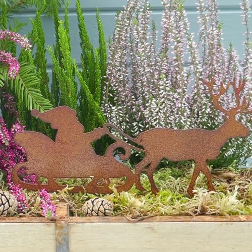 Storm's Gartenzaubereien Gartenstecker Weihnachtsmann Schlitten mit Rentier in Rostoptik für die Weihnachtsdeko 25cm