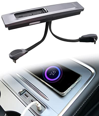 USB Hub Fit for Tesla Model 3 Model Y 2021 2022, Intelligent Docking Station with PD Fast Charge Port and Automatic LED Ambient Light