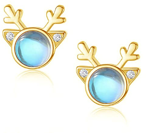 Deyanse Silber Weihnachten Ohrringe Damen, 925 Sterling Silber Elch Mondstein Ohrstecker, Süße Schlafen Elch Ohrstecker mit Mondstein, 7mm Gold Weihnachts Elch Ohrstecker Ohrringe zum Weihnachten