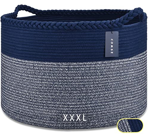 COMSE Extra Large Blanket Basket, Woven Laundry Basket, 55 x 35 CM, Nursery Hamper, Cotton Rope Laundry Hamper Living Room for Storage Toys Clothes Towels, Navy Blue