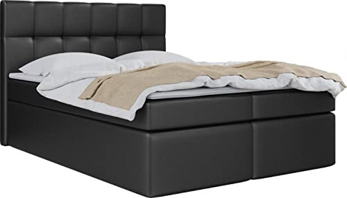 WFL GROUP Boxspringbett mit Bettkasten 120x200 140x200 160x200 180x200 200x200 Doppelbett Gepolstert Bett Mit Matratze und Topper - Stauraumbett mit Kopfteil - Schwarz Kunstleder - 140 x 200 cm