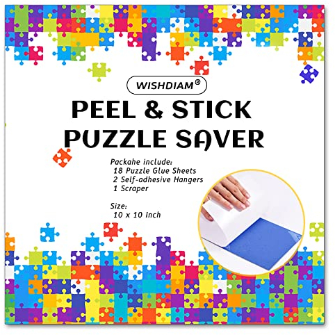 WISHDIAM Puzzle Glue Sheets, 18 PCS, Clear Peel & Stick Puzzle Saver, No Stress & No Mess, 10x10 Inch, 18 Sheets per Package, 6 Adhesive Hangers & 1 Scraper, Ages 14+
