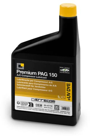 PAG 150 + Dye - 1 L, Lubricante Compresores de Aire Acondicionado de Automóviles, incluidos compresores eléctricos, que funcionan con gas refrigerante R134a y R1234yf