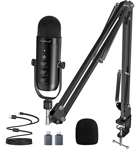 zealsound Set di microfoni USB, microfono condensatore, microfono per PC, supporto a braccio incluso, cardioide, mute/eco, YouTube/Zoom, game, live streaming, conferenze online, Windows/macOS/per ps/4