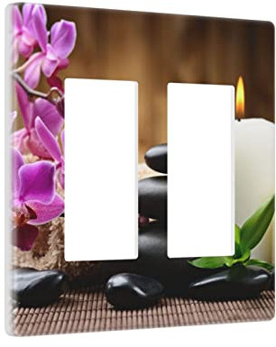 Zen Basalt Stone Spa Yoga 2 Gang Decorator Device Wall Plate Double GFCI Rocker Outlet Cover Light Switch Decora Dimmer Meditation Massage Japanese Art Bathroom Decor Purple Aromatic Orchid & Candle
