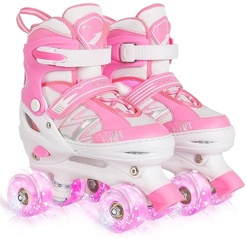 DUZSKJ Pattini a Rotelle Bambina Bambino Pattini a 4 Ruote Per Bambini Per Bambine Principianti, 4 misure Regolabili con luce fino a Ruote Per Bambini
