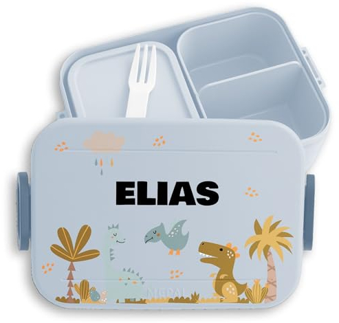 Kinder Bento Box Midi Lunchbox für Mepal Bentobox - Dino - Brotdose Dinosaurier I Jausenbox Dinos I Vesperbox Dinomotive I Dinosaurus - 900 ml - Hellblau - brotbüchse kindergarten