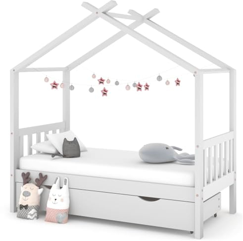 LAPOOH Babybett mit Schublade, Babybett, Hausbett, Baby Bett, Betten, Weiß Massivholz Kiefer 80x160 cm