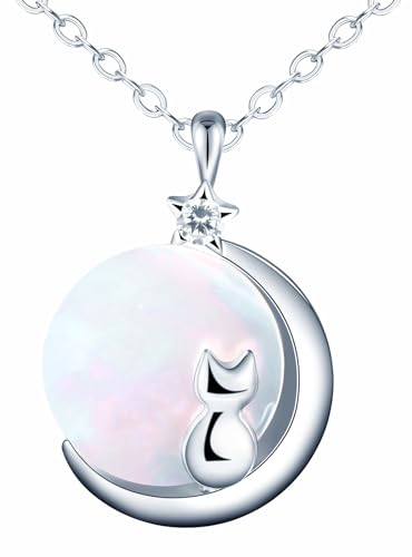 feilok Halskette Damen Kette mit Katzen Kette Mond Anhänger aus 925 Sterling silber Geschenk für Sie Freundin Weihnachten