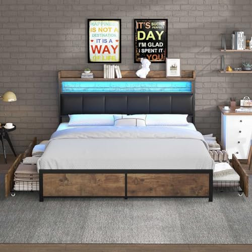 KOMHTOM Lit 2 Personnes avec LED et 4 Tiroirs de Rangement,Tête rembourrée PU,Cadre de Lit Plateforme,Sommier à Lattes,pour Adultes, Adolescents(sans Matelas) (160x200cm)