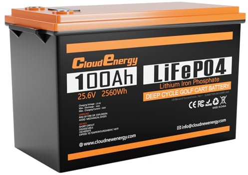 CloudEnergy LiFePO4 24V 100Ah Batteria, potenza massima 2560W, batteria al litio BMS 100A, 6000+ cicli di vita, 10 anni di durata, ideale per la nautica, il solare e i camper