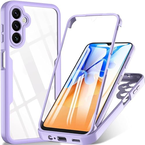 BOKYAS Coque pour Samsung Galaxy A15 (4G/5G), Housse Transparent Antichoc avec Protection écran, 360° Full Body Protection Etui Robuste Double Face Bumper Intégrale Case, Violet