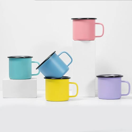 Subliking® 5 vasos esmaltados de acero inoxidable emaliertem de 360 ml con borde negro, taza de café para exterior, tazas esmaltadas para sublimación en colores pastel