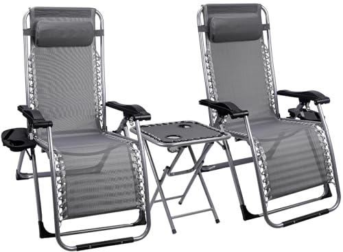 Hengsong Liegestuhl Set,Sonnenliege Klappbar für Zwei Personen mit Netz-Klapptisch&Seitlichem Getränkehalter,Campingstuhl Faltbar,Strandstuhl für draußen,Garten Doppelliege,Relaxliege Wohnzimmer,Grau
