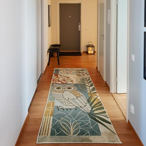 ABAKUHAUS Mid Century Dekorativer Teppich, Tropische Blätter Eule, Hochwertiger Flächenteppich für Schlafzimmer und Wohnzimmer, 76x229 cm, Jadegrün Bernstein
