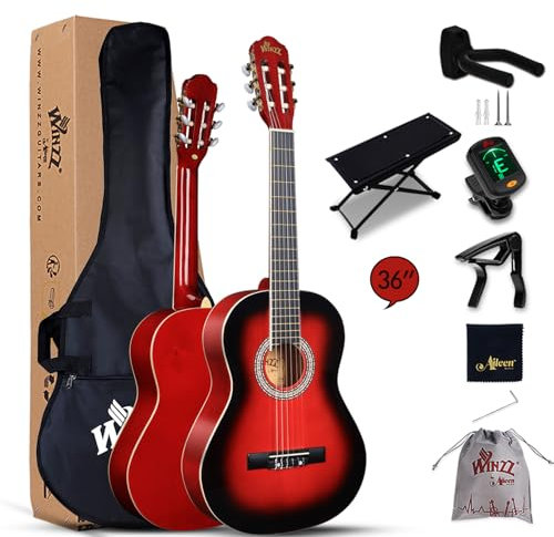 Winzz Konzertgitarre 3/4, Klassische Gitarre Anfänger Set für Kinder - Rot Glänzend (36 Zoll)