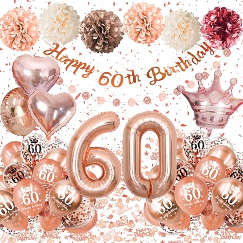 60 Geburtstag Deko Frauen, Deko 60 Geburtstag Frau Roségold | Happy 60th Birthday Banner, Luftballons Geburtstagsdeko 60 mit Krone Herz Folienballons, 60 Geburtstag Frauen Party Deko
