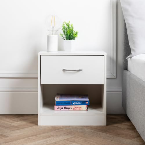 Home Treats Set of 2 Wooden Bedside Table White | 1 Draw Nightstand with Storage Shelf | Side Table Bedroom Storage Furniture (Set of 2, White)