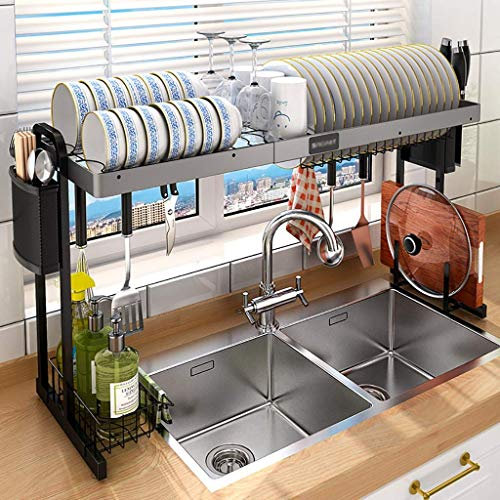 UWZOPKOF Estante para Platos, Estante para Platos, Estante para secar Platos, Estante de Drenaje de Cocina de Acero Inoxidable 201 Negro, Organizador de escurridor de vajilla - 1 Nivel/2 Niveles