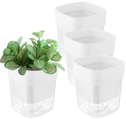 LDXDRU Lot de 4 pots à herbes aromatiques à arrosage automatique - Blanc - 12 x 12 x 11 cm - En plastique - Avec rebord de fenêtre - Pour la cuisine, le balcon
