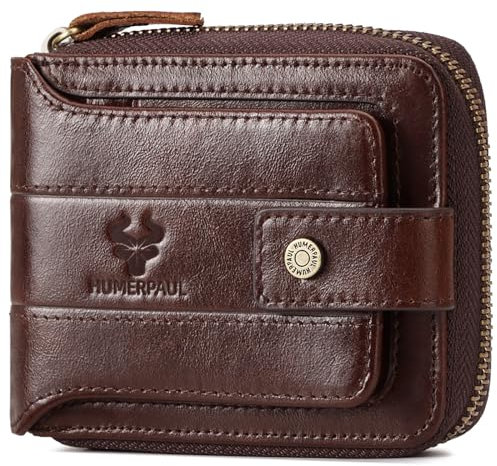 HUMERPAUL Zipper Wallets for Men, Genuine Leather RFID Blocking Bifold Men's Wallet with ID Window & Credit Card Slots (Coffee)