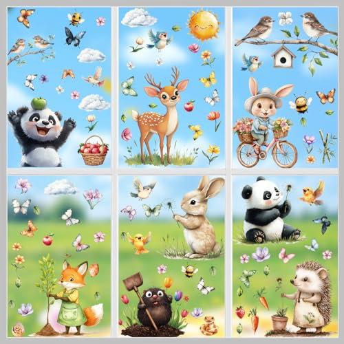 Shinybox Fensterbilder Frühling Selbstklebend, 9 Blätter mit Sommer Schmetterlinge Deko, Blumen Wiederverwendbar, Kinderzimmer Fensterdeko (F)