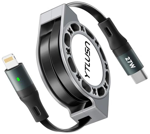YTLUSN Retráctil iPhone Cable Cargador PD 27W, 1.2M USB C a Lightning Cable de carga rápida y sincronización de datos Cable cargador USB para iPhone 14/13/12/11 Pro Max/SE/iPad/CarPlay 