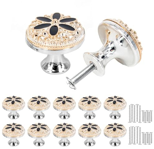 Misuyue Möbelknöpfe Vintage, 30mm Schick Schrankknöpfe Runde mit Dekorative Blumenmuster, 10 Stück Türknöpfe für Schublade, Schrank, Möbel, Küchenschränke, Kleiderschrank (Silber+Schwarz)