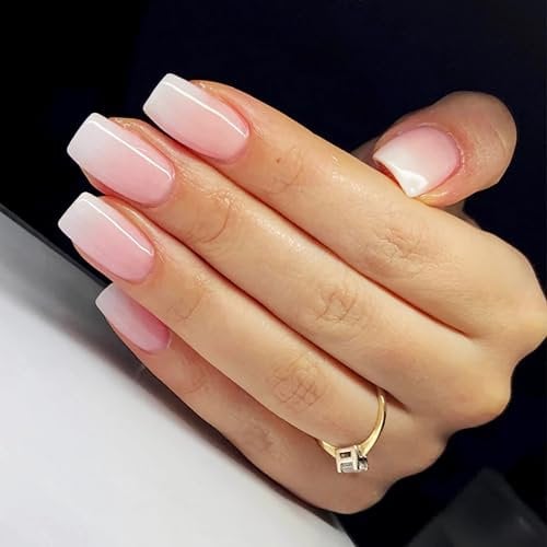 SXVME Ombre French False Nails Short Medium Square, French Press on Nails Short Medium, Gradient Pink Fake Nails Short, Elegant Ombre Pink Acrylic Stick on Nails for Women Daily Wear
