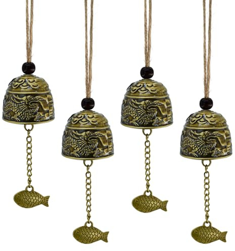 MrMrKura 4 Stück Vintage Drachen Fengshui Glocke, Messing Segen Windspiele für draußen hängende Glocke für Glück Haus Garten Terrasse Indoor Outdoor Dekor