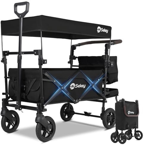 Sekey Faltbarer Bollerwagen mit Dach 2 Kinder, Bollerwagen Faltbar Kinder 100KG Tragkraft mit stoßfesten PU-Rädern, Handwagen mit Schiebegriff, Upgrade-Version TP5050, Schwarz