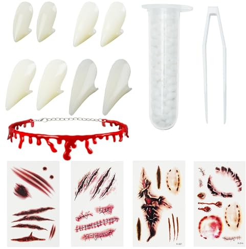4 Pair 4 Sizes Vampire Fangs, Vampire Teeth with 1 Tube Teeth Pellets Adhesive and Tweezer 4 Sheets Halloween Tattoos and 1pcs Necklace for Halloween Cosplay Party Props (13/15/17/19mm)