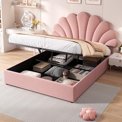 Upholstered Ottoman Bed with Hydraulic Storage, 4ft6 Double Bed Frame with Adjustable Chic Petal Headboard, Velvet Fabric Functional Gas Lift Up Storage Bed with Solid Wood Slats, No Mattress, Pink