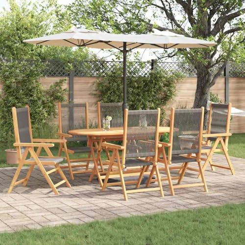 QJBSAVVA Gartenmöbel Set 7 TLG Akazienholz Polyrattan Grau ovaler klappbarer Esstisch 6 Stühle Sitzgruppe für Balkon Terrasse Camping