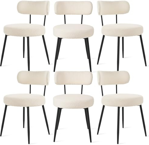 Bon Furni Esszimmerstühle 6er Bouclé Teddy Stoff, Creme | Moderne Gepolsterte Küchenstühle ohne Armlehne mit Metallbeinen, Komfortable Polsterstühle für Esszimmer & Küche