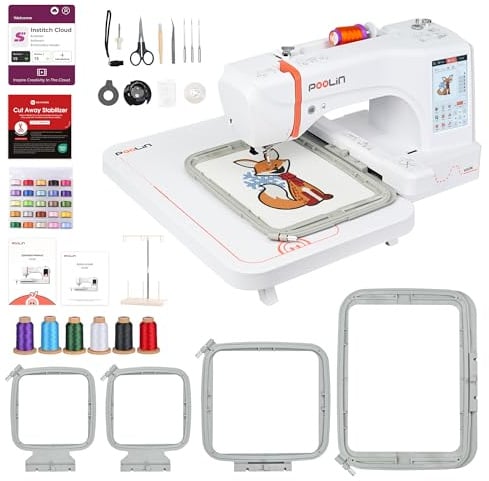 PooLin EOC06 Embroidery Machine Touch Screen Digital Embroidery Machine Letters and Patterns Embroidery Machine for Personalizing T-shirts, Polo Shirts, Jackets, Shirts, Bags, Towels and More