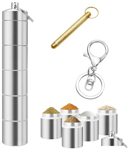 Mini Salzstreuer für Unterwegs 5-in-1, Mini Gewürzdosen Wasserdichte und Leichte Aluminium Spice Jars mit Löffel,Tragbare Gewürzgläser für BBQ, Reise und Küche Kochen, Camping Gewürze Zubehör